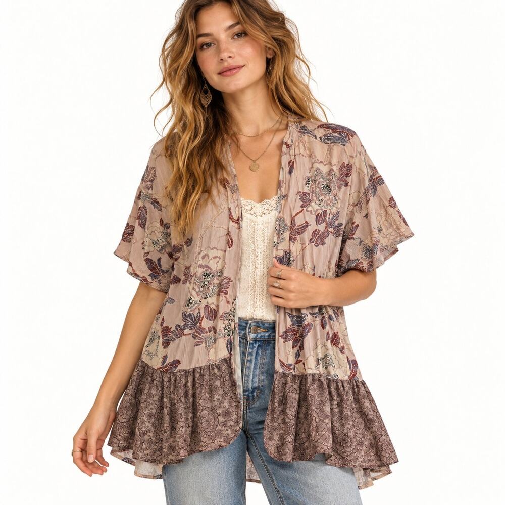 Knox Rose XXL Floral Kimono Cardigan Boho Ruffle Hem Open Front Cottagecore Top